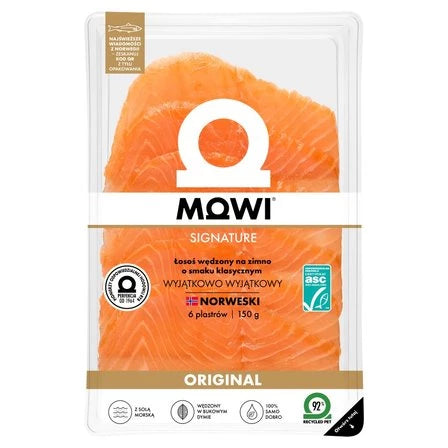 MOWI Signature Łosoś wędzony na zimno o smaku klasycznym (6 plastrów) 150 g