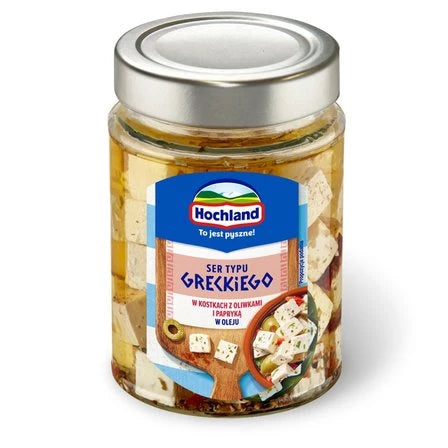 HOCHLAND Ser typu greckiego w kostkach z oliwkami i papryką w oleju 300 g