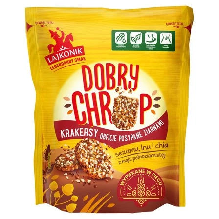 LAJKONIK Dobry Chrup Krakersy obficie posypane ziarnami sezamu lnu i chia 100 g