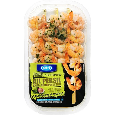 MITI Szaszłyki z krewetek gotowane częściowo obrane w sosie czosnkowo-pietruszkowym 125 g