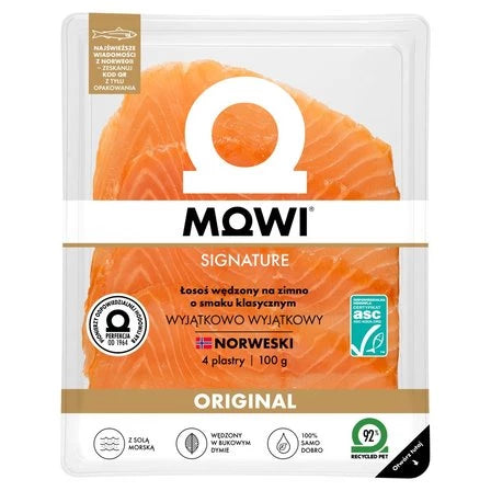 MOWI Signature Łosoś wędzony na zimno o smaku klasycznym (4 plastry) 100 g