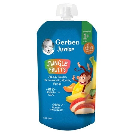 GERBER Junior Jungle Fruits Deserek jabłko banan brzoskwinia morela mango powyżej 1+ roku 110 g